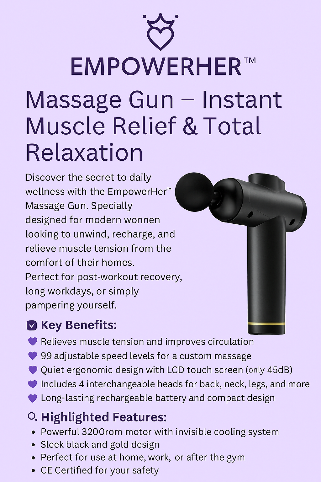 💜 Pistola de Masaje EmpowerHer™ – Alivio Muscular Instantáneo & Relax Total