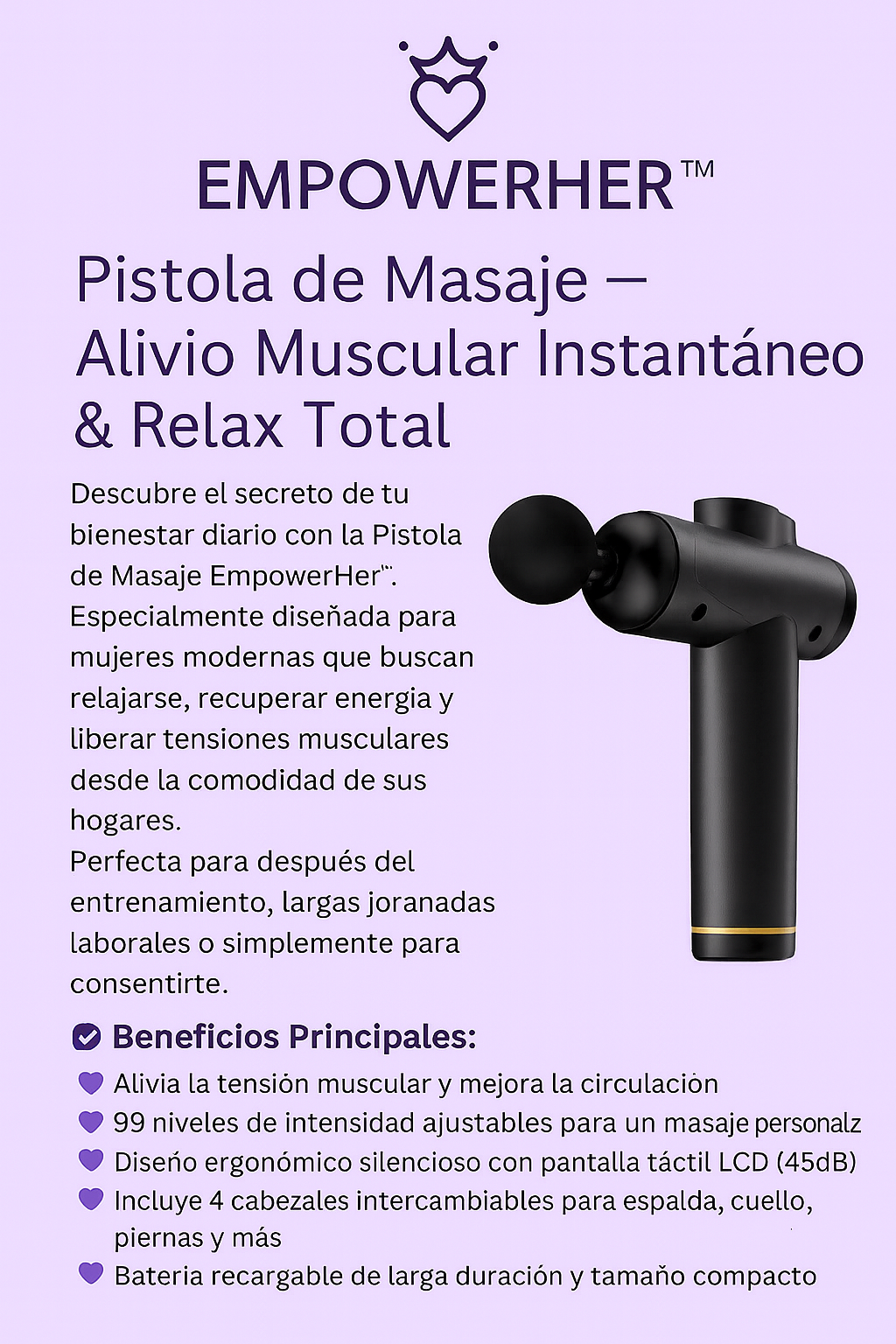 💜 Pistola de Masaje EmpowerHer™ – Alivio Muscular Instantáneo & Relax Total